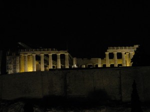 The Parthenon at night.